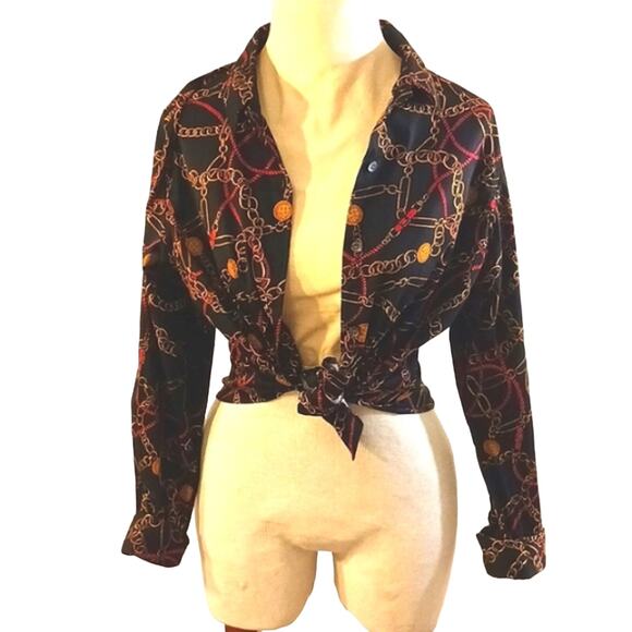 Charter Club Long Sleeve Shirt Sz 12 Abstract Gold Chains Equestrian Career Y2K - Picture 7 of 13